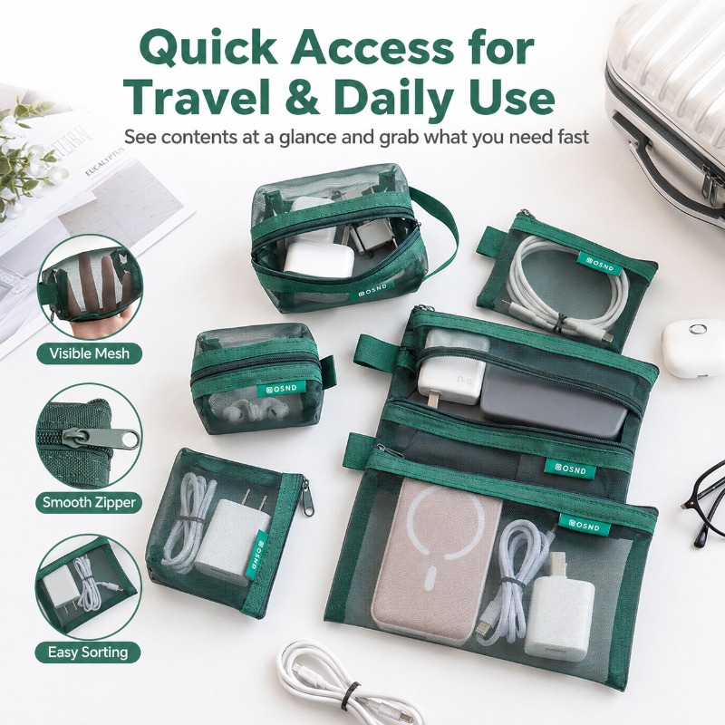 6 قطع حقيبة شبكية محمولة لتنظي - مراجعة Tech Accessories Travel Organizer Pouch وسعره