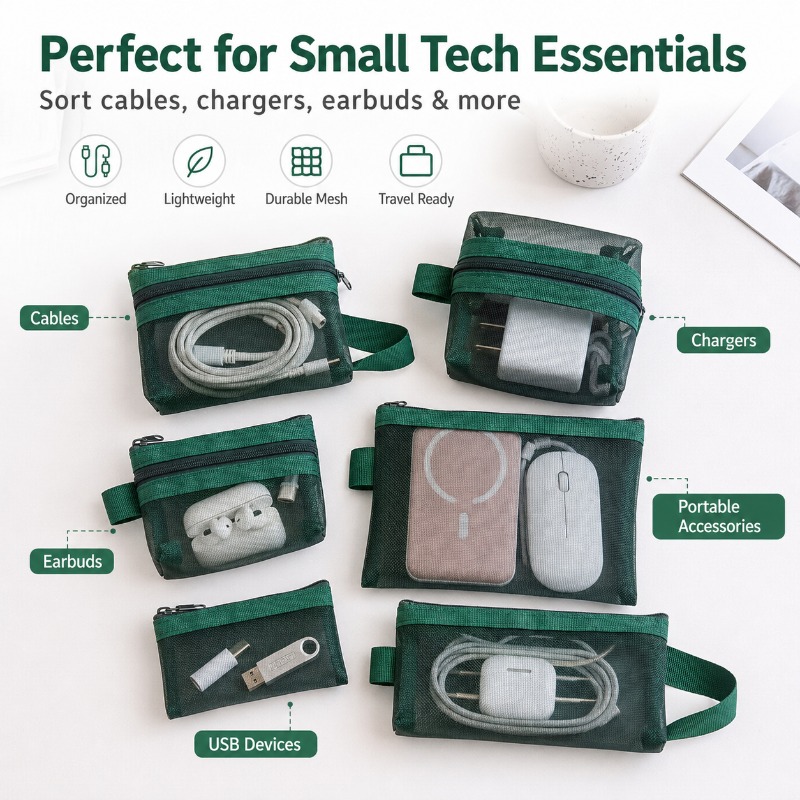 6 قطع حقيبة شبكية محمولة لتنظي - مراجعة Tech Accessories Travel Organizer Pouch وسعره